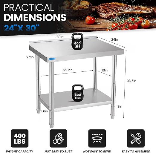 KUARBARR Stainless Steel Table for Prep & Work with Backsplash 24 x 30 Inches NSF Metal Commercial Kitchen Adjustable Under Shelf Worktable for Restaurant Home Outdoor