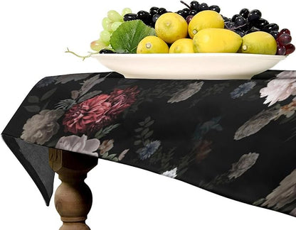 Vintage Florals Tablecloth, Black Pink Garden Gothic Flowers Rustic Roses Boho Botanical Plant Water Resistant Wipeable Table Cover for Picnic Party Holiday Kitchen Dinner Table 60"x90"