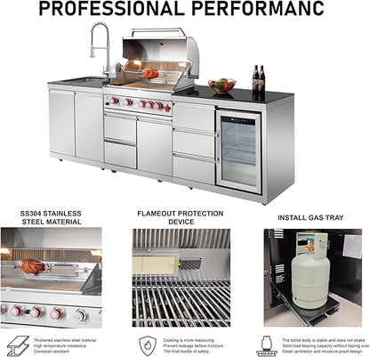 102" Outdoor Kitchen Island with Grill, 4-Burner 59,500 BTU Propane BBQ Island, Refrigerator, Sink with Trash Can Holder & 3-Drawer Cabinet, for Backyard and Patio Cooking, Silver
