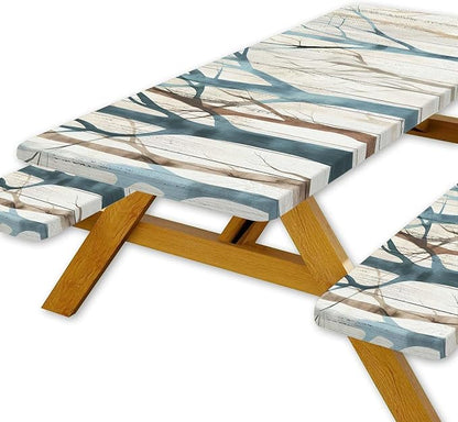 JAWO Picnic Table Cover with Bench Covers, Forest Camping RV Essentials Gear Supplies Outdoor Waterproof Windproof Tablecloth with Elastic, 72in
