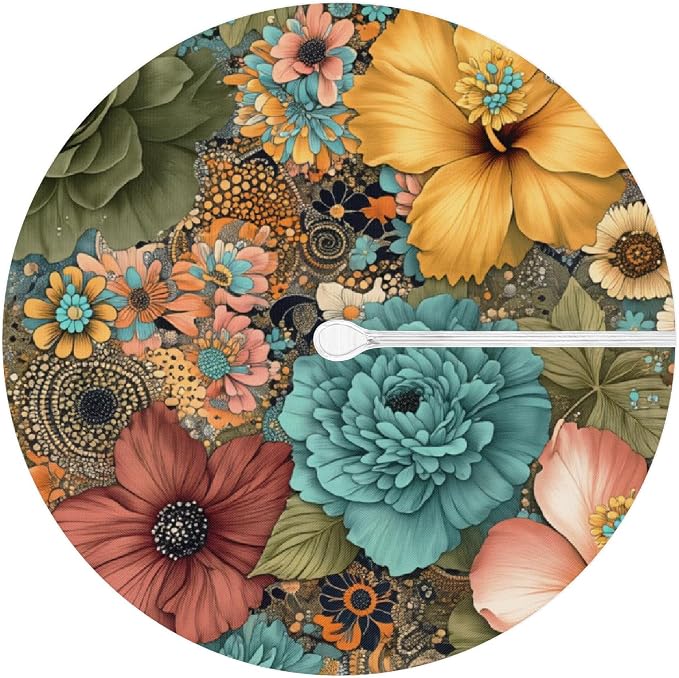 Boho Florals Outdoor Round Fitted Tablecloth with Umbrella Hole and Zipper, 45"-56" Elastic Patio Table Cloth Oil-Proof Waterproof Patio Table Cover for Picnic Party Camping