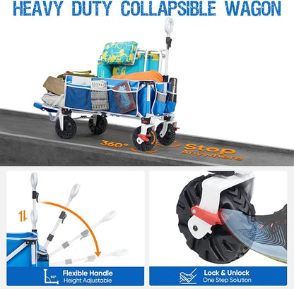 300lbs Extra Long 49" L Beach Wagon with Big Wheels with Brake for Sand, Collapsible Utility Beach Cart Heavy Duty Folding Wagon,Ideal for Outdoor Sand Camping Garden Pet