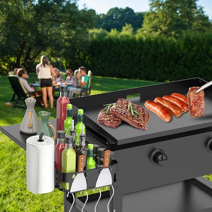 Foldable Griddle Side Shelf and Caddy for Blackstone 28" Griddle, Grill Accessories Space Saving for Blackstone with Paper Towel Holder, 4 Hooks and Storage Box Grill Parts