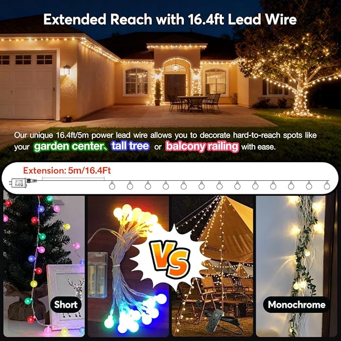 RaThun 65.6ft Warm White Globe String Lights, 150 LED with 16ft Extended Lead Wire & Remote, 8 Modes, IP44 Waterproof Plug in Linkable Lights for Outdoor Indoor Party Wedding