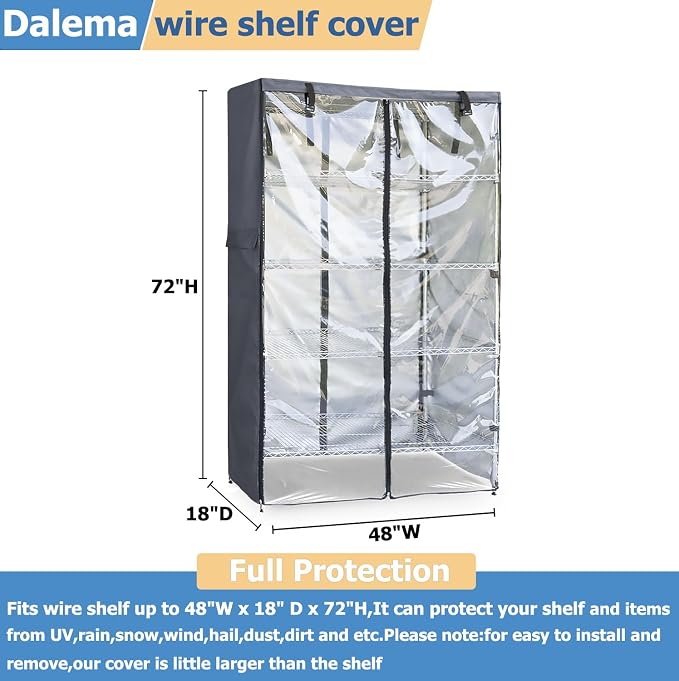 Waterproof Shelf Cover,600D Heavy Duty Dustproof Storage Wire Rack Covers,Outdoor Shelving Covers for Wire Shelves with Zipper 48''x18''x72'',Clear Front.