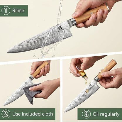 Razor-Sharp 8-Inch Chef's Knife with Olive Wood Handle, 15 Degree Edge VG10 High Carbon Steel Professional Japanese-Style Damascus Knife Gift Box for Family &Restaurant