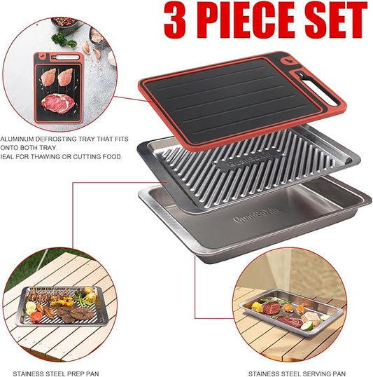 Grilling Prep and Serve Trays, Set of 3 Stackable Stainless Steel BBQ Trays with Cutting Board, Deep Marinating Container, Serving Platter for Plating Food, BBQ Prep Tub for Marinating Meats