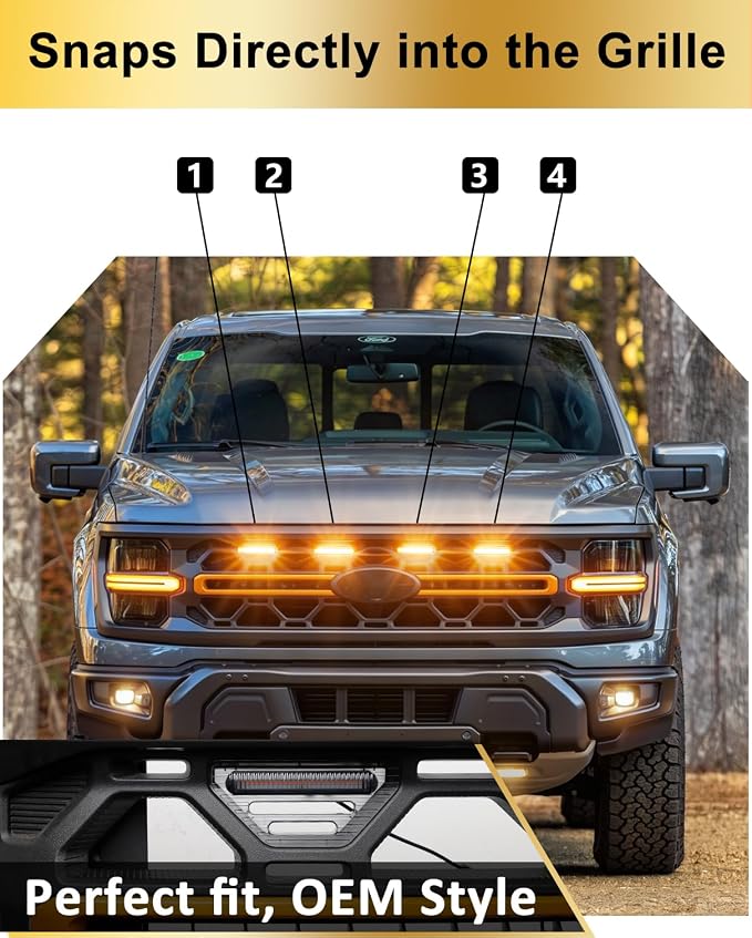 Front Grill Raptor Lights for Ford F150 2024 2025 2026 (Yellow, Tremor) | 5th Gen F150 Grille Marker Lights, Waterproof F150 LED Lights Accessories, Snap-in Installation, OEM Style, Off-road Driving