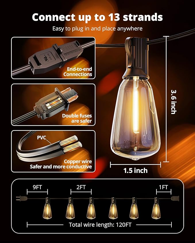 VIPAR Outdoor String Lights 120FT Patio Lights Outdoor Waterproof with 56+2 Shatterproof ST38 Edison Lights Bulb, LED Outside Hanging Light Connectable for Backyard, Porch, Garden, yard, Bistro, 2700K