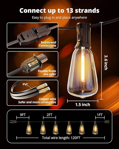 VIPAR Outdoor String Lights 120FT Patio Lights Outdoor Waterproof with 56+2 Shatterproof ST38 Edison Lights Bulb, LED Outside Hanging Light Connectable for Backyard, Porch, Garden, yard, Bistro, 2700K