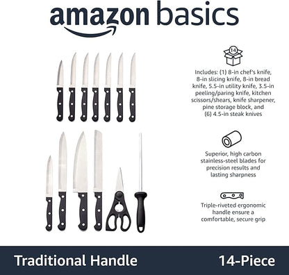 Amazon Basics 14-Piece High Carbon Stainless Steel Kitchen Knife Set with Full Tang Construction, Ergonomic Handles, Sharpener and Pinewood Block, Black