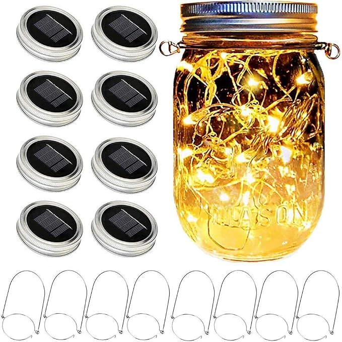 SunKite Solar Mason Jar Lights, 8 Pack 15 LED Waterproof Fairy Firefly Jar Lids String Lights with Hangers(NO Jars), Patio Yard Garden Wedding Easter Decoration - Warm White