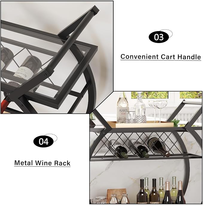 LVB Bar Cart with Glass, Black Bar Cart with Wheels, Home Bar Serving Cart | 2 Tier Glass Shelves Bar Cart with Storage, Wine Cart with Wine Rack, Liquor Cart for Kitchen, Bar, Dinning Room