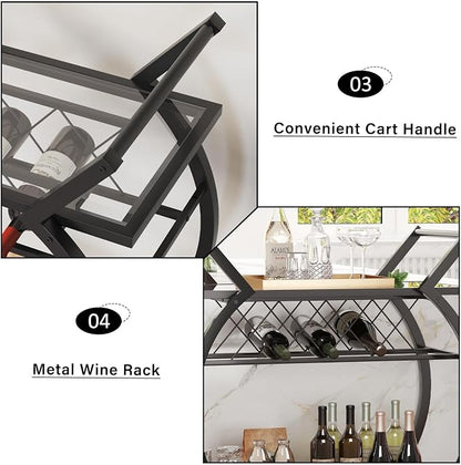 LVB Bar Cart with Glass, Black Bar Cart with Wheels, Home Bar Serving Cart | 2 Tier Glass Shelves Bar Cart with Storage, Wine Cart with Wine Rack, Liquor Cart for Kitchen, Bar, Dinning Room