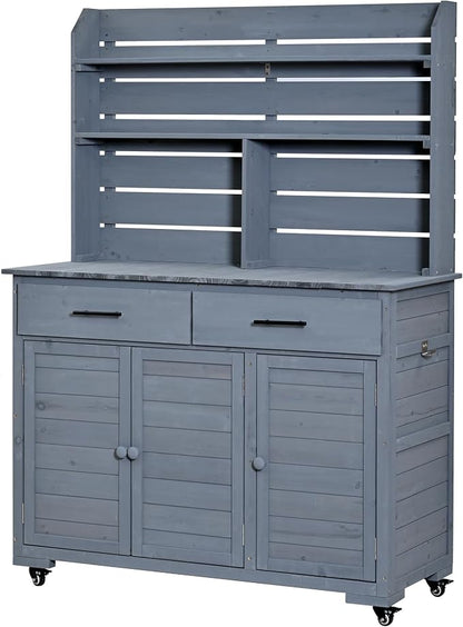 Outdoor Grill Cart with Storage Cabinet, Wood Outdoor Kitchen Island Prep Cart Grill Station for Food Prep and BBQ, Gray