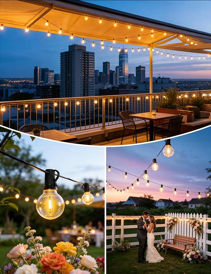 Brightever 120FT Solar String Lights Outdoor with Remote, Waterproof Dimmable 3 Modes Outdoor Lights with 50+2 LED Shatterproof G40 Bulbs, Solar Power Patio Lights for Outside Wedding Party Decor