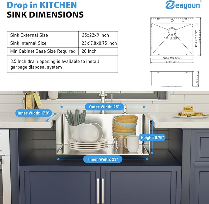 25 Inch Drop in Kitchen Sink 25x22 Drop in Kitchen Sink 16 Gague Topmount Stainless Steel Single Bowl Handmade Sinks Large Deep Basin 25"x22"x9"