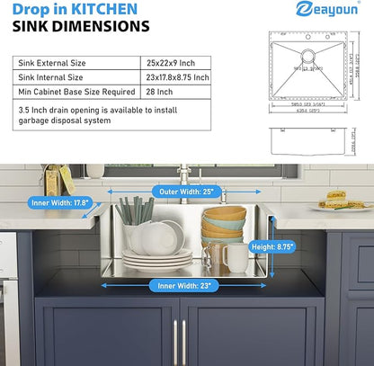 25 Inch Drop in Kitchen Sink 25x22 Drop in Kitchen Sink 16 Gague Topmount Stainless Steel Single Bowl Handmade Sinks Large Deep Basin 25"x22"x9"