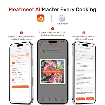 Wireless Bluetooth Meat Thermometer Digital, Standalone Base, WiFi Unlimited Range, AI guided cooking, 6 Sensors with ± 0.18°F Accuracy, 2 Probes for Kitchen, BBQ, Grill, Oven, Smoker (X Pro)