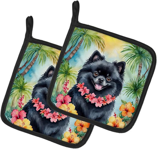 Caroline's Treasures Pomeranian Luau Pair of Pot Holders Kitchen Heat Resistant Pot Holders Sets Oven Hot Pads for Cooking Baking BBQ, 7 1/2 x 7 1/2