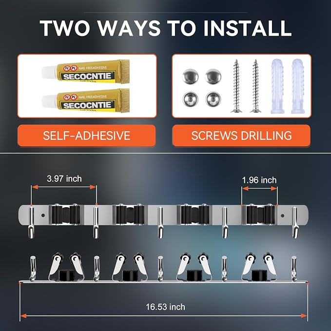 ZONGOOL 2 Pack Mop Broom Holder Wall Mount 4 Racks 5 Hooks Storage Silver | 304 Rustproof Stainless Steel Broom Hanger, Non-Slip Wall Mount Organizer, Space Saving For Kitchen, Laundry, Garden