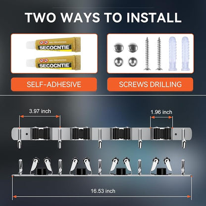 ZONGOOL 2 Pack Mop Broom Holder Wall Mount 4 Racks 5 Hooks Storage Silver | 304 Rustproof Stainless Steel Broom Hanger, Non-Slip Wall Mount Organizer, Space Saving For Kitchen, Laundry, Garden