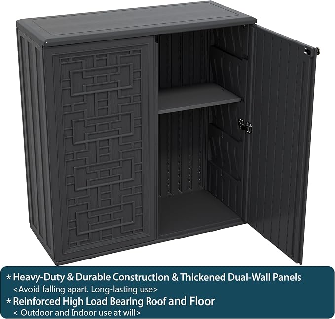 HOMSPARK Indoor/Outdoor Storage Cabinet with Doors and Shelf, 34”x15”x36” HDPE Plastic Storage Box Waterproof for Patio, Garden, Balcony, Multi-Purpose for Daily Tools, Black