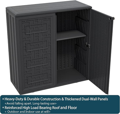 HOMSPARK Indoor/Outdoor Storage Cabinet with Doors and Shelf, 34”x15”x36” HDPE Plastic Storage Box Waterproof for Patio, Garden, Balcony, Multi-Purpose for Daily Tools, Black