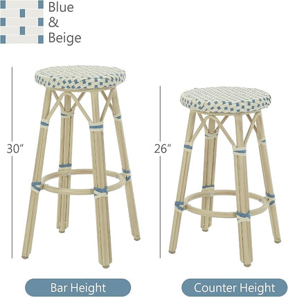 Seadrift Boho 30-inch Aluminum and All-Weather Wicker Barstools with Footrest, Patio Stools & Bar Chairs for Outdoor, Kitchen Counter, Poolside, Yard, Set of 2, Blue and Beige