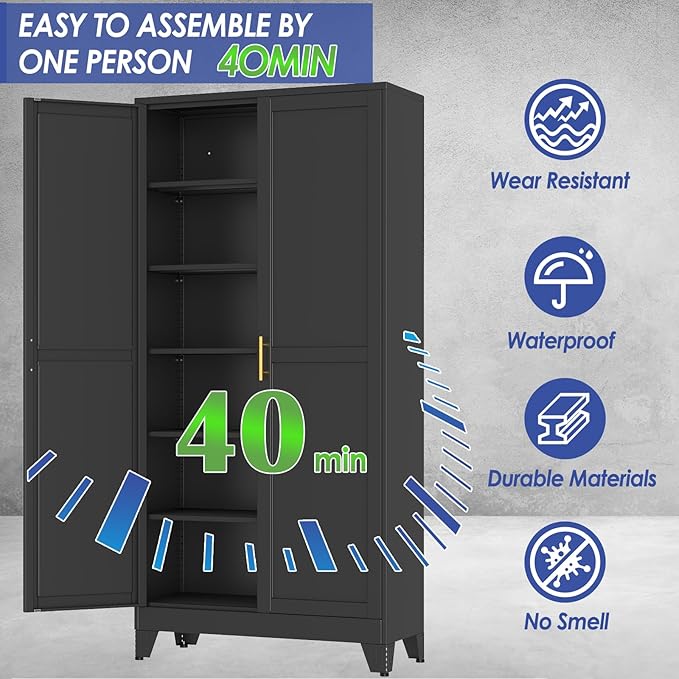 75" Metal Garage Storage Cabinet with 2 Doors and 5 Adjustable Shelves,Metal Storage Cabinets,Steel Tool Cabinets for Home,Office,Garage,Warehouse (Black, 75''H x 36''W x 18''D)