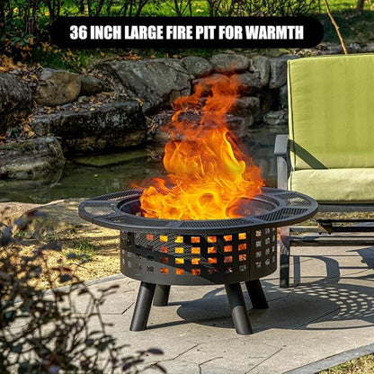 Verdeluxe 36 inch Outdoor Fire Pit with Grill,Wood Burning Firepits for Outside with Lid & Fire Poker,Metal 3-in-1 Fire Pit Table with Cooking Grate,Outdoor Fireplaces for Bonfire,Yard,BBQ（Jet Black）