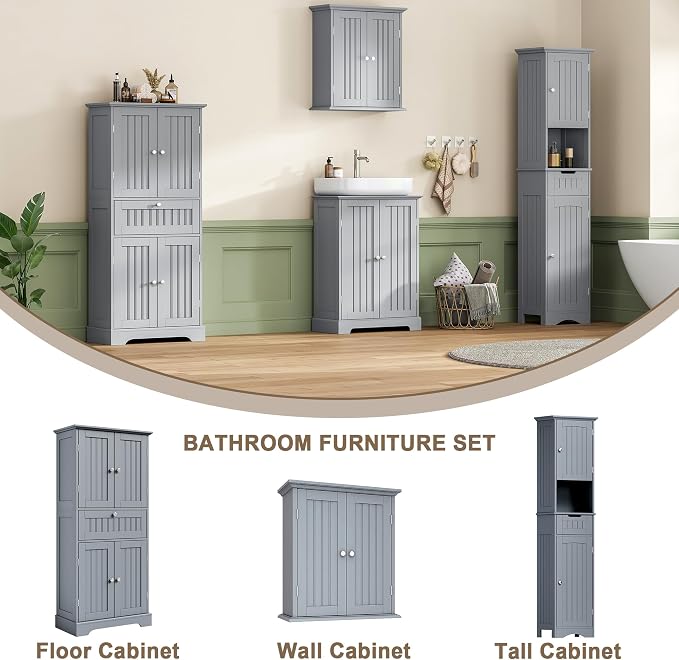 ChooChoo 51" H Bathroom Floor Cabinet with Drawers and Adjustable Shelves | Bathroom Storage Cabinet, Freestanding Kitchen Pantry Cupboard with 4 Doors for Living Room, Grey