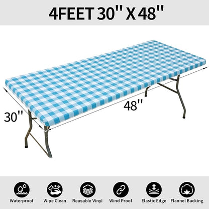 Smiry Rectangle Picnic Table Cloth, Elastic Waterproof Fitted Vinyl Tablecloths, Flannel Backed Buffalo Plaid Table Covers for Dining, Camping, Outdoor (White and Aqua, 30" x 48")