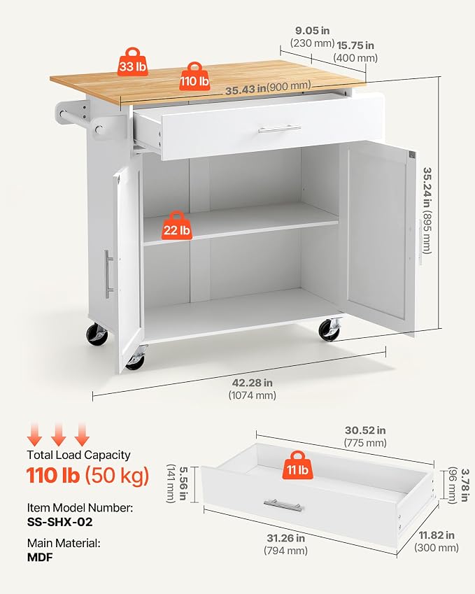 VEVOR Kitchen Island Cart with Storage, 42.28 in Wide Mobile Rolling Storage Island on Swivel Wheels, with Drawer, Storage Cabinet, Drop Leaf, Spice Rack, Table for Home Dining Room, White