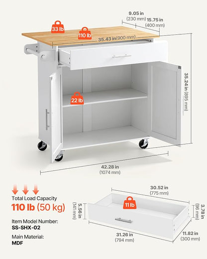 VEVOR Kitchen Island Cart with Storage, 42.28 in Wide Mobile Rolling Storage Island on Swivel Wheels, with Drawer, Storage Cabinet, Drop Leaf, Spice Rack, Table for Home Dining Room, White
