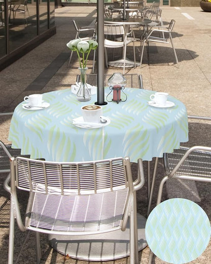QueenKer Outdoor Tablecloth with Umbrella Hole, Abstract Leaves Lines Geometric Natural Patterns Ombre Green Round Tables Waterproof Tabletop Collection for Patio, Garden, Picnic, Camping, Dining 60R
