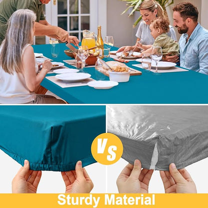 Rectangle Table Cloth, Waterproof Elastic Fitted Tablecloth for 8 Foot Folding Tables, Washable Polyester Tablecloths for Picnic, Camping, Outdoor (Teal, 30"x96")
