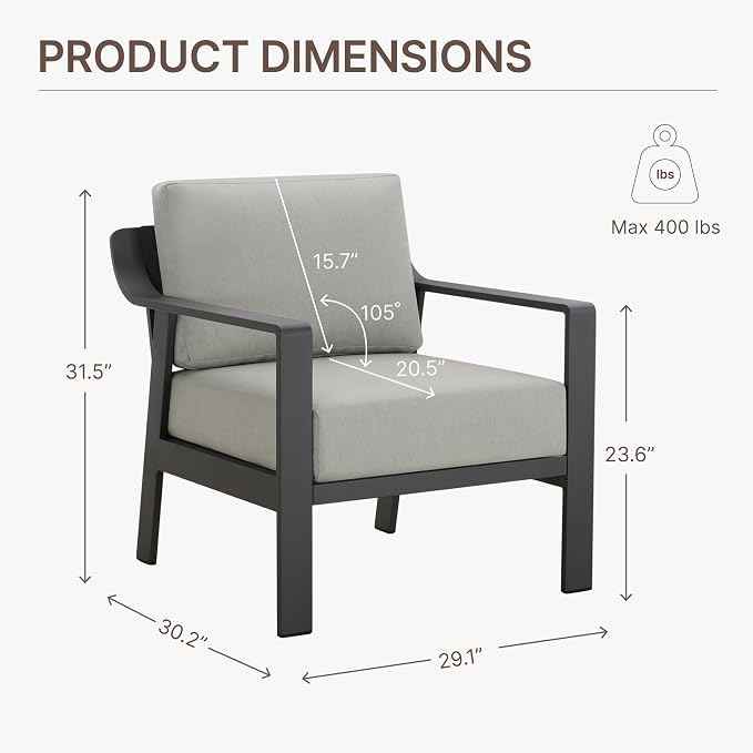 KISLOT Aluminum Outdoor Patio Furniture Armchairs,Outside Patio Sofa with Washable Thick Cushion, Patio Sofa Couch Set of 2 for Porch, Balcony, Deck, Yard,Gray Aluminum Frame