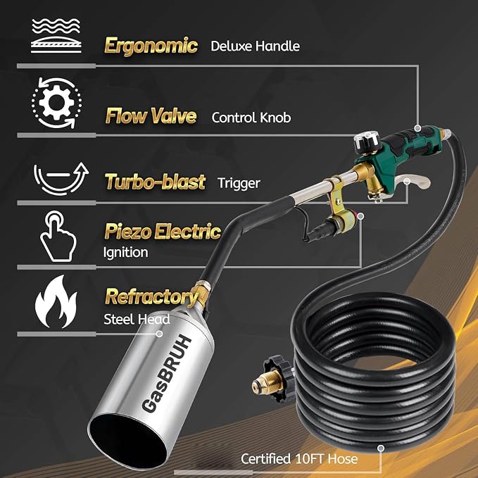 GasBRUH Propane Torch Burner Weed Torch,360,000 BTU Heavy Duty Blow Torch with Turbo Trigger and 10 FT Hose,propane weed burner torch with Igniter,Flame throwe for Weed,Garden,Wood,Charcoal,Ice Snow