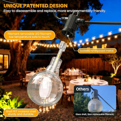 100FT Solar String Lights Outdoor Waterproof IP65 with USB-Charging , Solar Powered LED Patio Lights with 50+2 Shatterproof G40 Globe Bulbs, Hanging Lights for Outside Backyard Garden Bistro Gazebo