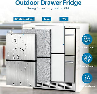 24 Inch Outdoor Drawer Refrigerator, 154 Cans Drawer Beverage Fridge, Freestanding or Built-In Outdoor Beverage Refrigerator with Stainless Steel Drawers for Kitchen, Patio, Home Bar