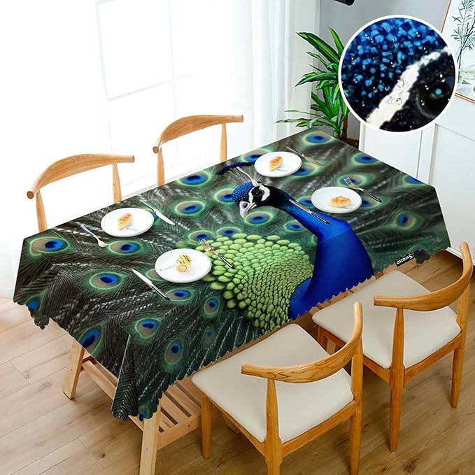 Swono Peacock Table Cloth Rectangle Tables Beautiful Bird Peacock Feathers Kitchen Table Cover Oblong 52"X70" Tablecloth for Dining Table Buffet Parties Patio and Camping, Green