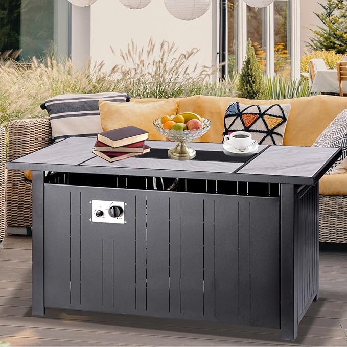 OutVue 47" Propane Fire Pit Table with Real Ceramic Tabletop, 50000 BTU Gas Firepit Table with Lid & Lava Stones, Outdoor Fire Pit for Dining or Party, Firepit for Outside, Patio