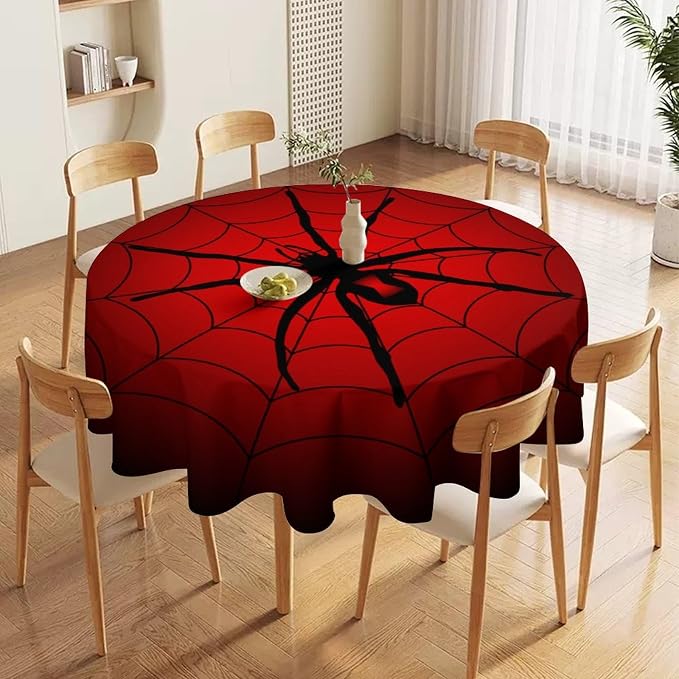 Spider Web Tablecloth, Big Spider Black Spiderweb Gothic Water Resistant Wipeable Table Cover for Picnic Party Holiday Kitchen Dinner Table 50"