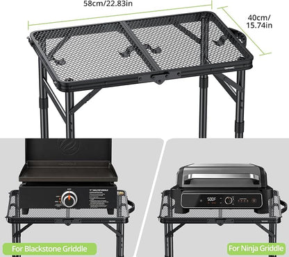 2ft Portable Grill Table, Heat-Resistant Tabletop 3 Heights 27.5" | Aluminum Grill Side Table, Waterproof & Easy to Clean, Lightweight, Portable Handle for Travel Cooking BBQ, 24" x 16", Black