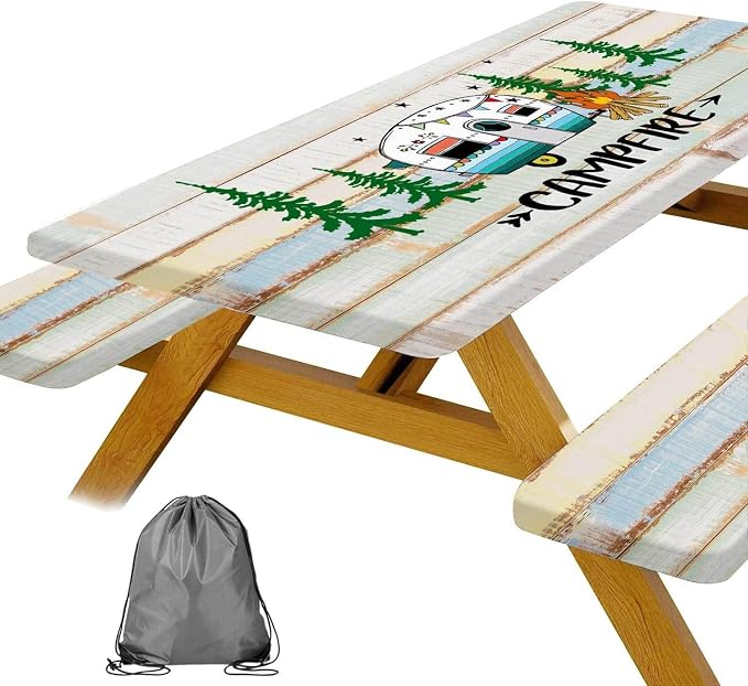JAWO Rustic Camper Picnic Table Cover with Bench Covers, Flowes Boho Floral Camping RV Essentials Gear Supplies Outdoor Waterproof Windproof Tablecloth with Elastic, 60in