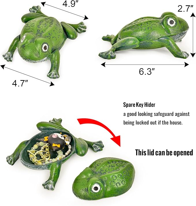 Sungmor Cast Iron Outdoor Frog Key Hider, Garden Statue–Antique Green | Hide Spare Key Holder for Outside, Small Garden Frog Statue Lawn Ornament, Indoor Decoration Jewelry Trinkets Box