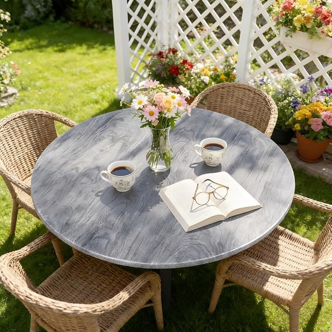 LUSHVIDA Round Waterproof Table Cover Elastic Tablecloth Vinyl Fitted Table Cover Elastic Edged Plastic Table Cloth (Wood Gray, Best for Up to 45"-56" Round)