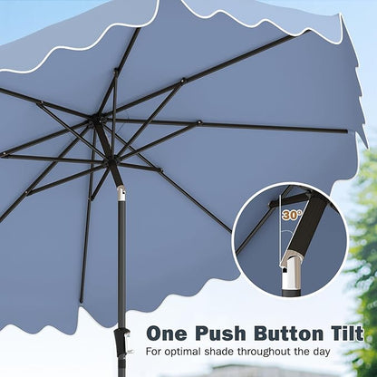 Tangkula 9 FT Patio Umbrella with Base Included, 2-Tiers Outdoor Scalloped Table Umbrella with 2 Sandbags, Tilt Adjustment, Crank, 8 Ribs for Market Backyard Pool Deck Beach Lawn