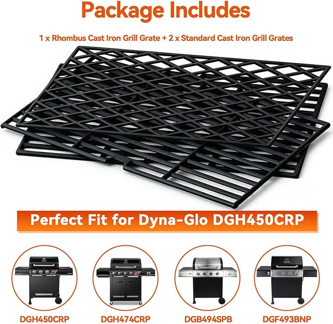 Grill Replacement Parts for Dyna-Glo 4 Burner DGH450CRP DGH451CRP, Set of 4 Porcelain Steel Grill Heat Plates Shield + 3-Pack Cast Iron Cooking Grill Grates Kit for Dyna Glo 3/4 Burner Grill